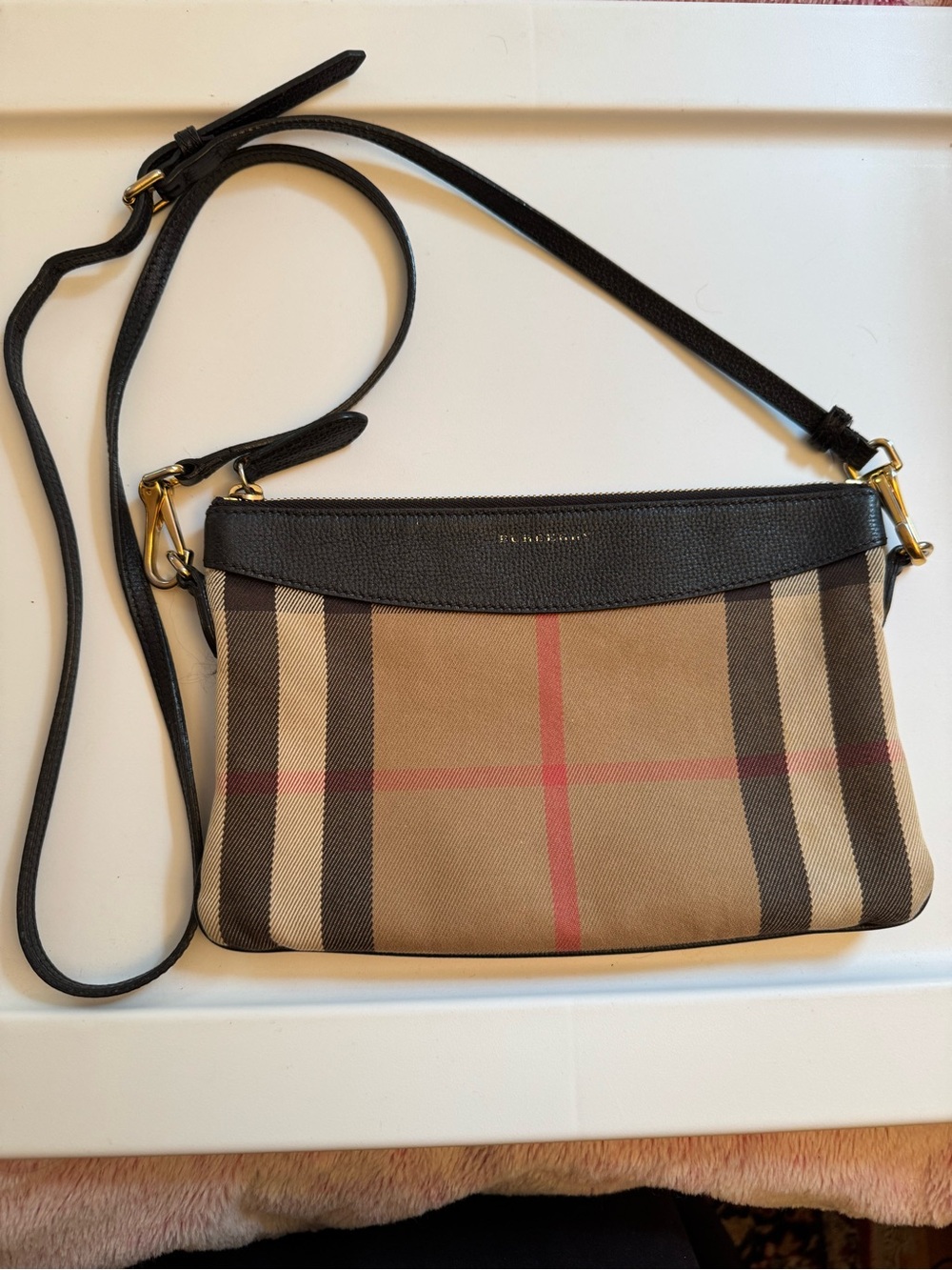 Burberry Peyton Black Trim Tan Check Crossbody Bag with Red Accent - Picture 2 of 8
